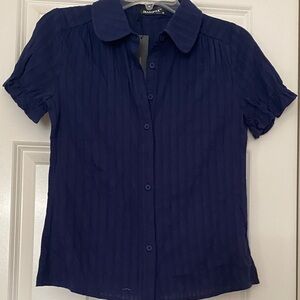 Allegra K Navy Short Sleeve Button-Down Blouse with Peter Pan Collar